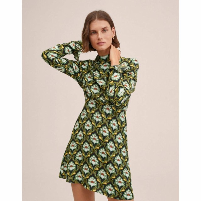 マンゴ Mango レディース ワンピース ワンピース・ドレス High Neck Long Sleeve Mini Dress In Green Retro Floral Print グリーン