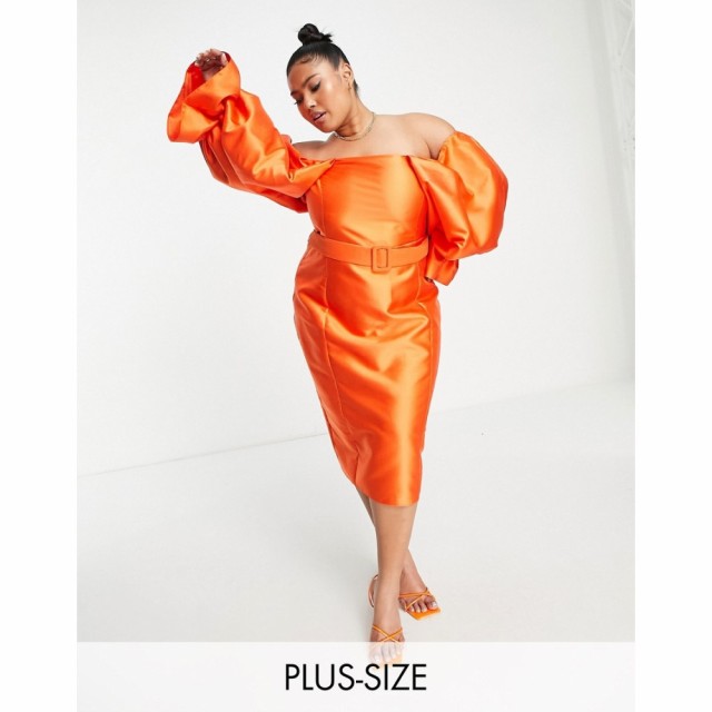 エイソス ASOS Luxe レディース ワンピース ミドル丈 Asos Luxe Curve Belted Drama Sleeve Structured Satin Midi Dress In Hot Orange