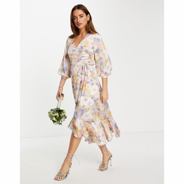 リカリッシュ Liquorish レディース パーティードレス Bridesmaid Satin Wrap Midi Dress With Puff Sleeve In Soft Washed Pastel Flora