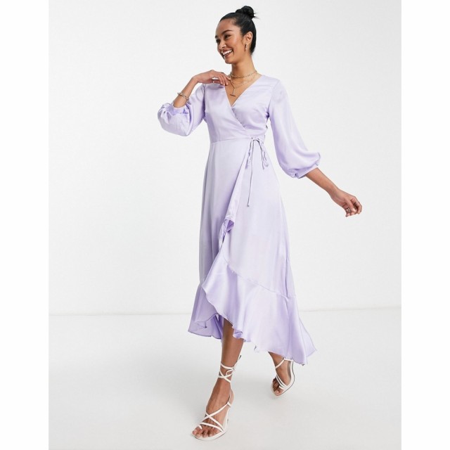 リカリッシュ Liquorish レディース パーティードレス ラップドレス ミドル丈 Bridesmaid Satin Wrap Midi Dress With Puff Sleeve In Dr