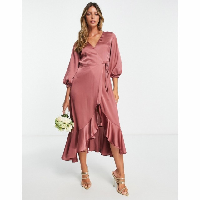 リカリッシュ Liquorish レディース パーティードレス ラップドレス ミドル丈 Bridesmaid Satin Wrap Midi Dress With Puff Sleeve In So