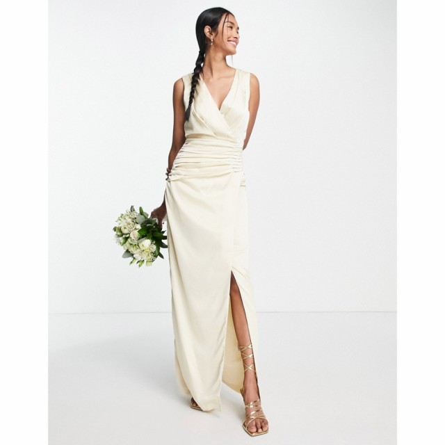 リカリッシュ Liquorish レディース パーティードレス Bridesmaid Satin Wrap Front Maxi Dress With Wrap Skirt In Lemon