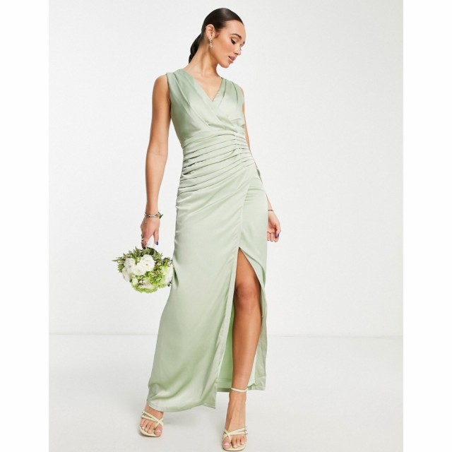 リカリッシュ Liquorish レディース パーティードレス Bridesmaid Satin Wrap Front Maxi Dress With Wrap Skirt In Fresh Sage Green