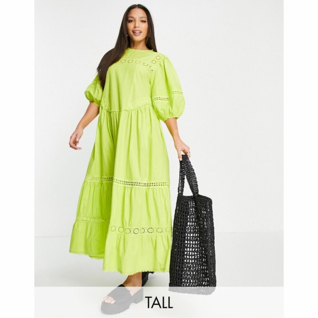 トップショップ Topshop Tall レディース ワンピース マキシ丈 ワンピース・ドレス Broderie Oversized Chuck On Maxi Dress In Chartreu