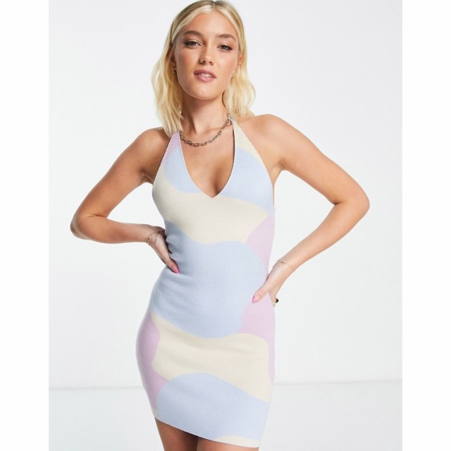 ペッパーマヨ Pepper Mayo レディース ワンピース ミニ丈 Peppermayo Knitted Contrast Halterneck Mini Dress In Pastel Multi パステル