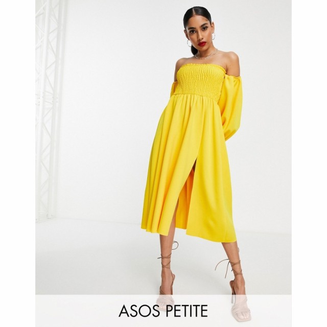 エイソス ASOS Petite レディース パーティードレス ミドル丈 ワンピース・ドレス Petite Shirred Bardot Blouson Sleeve Prom Midi Dres