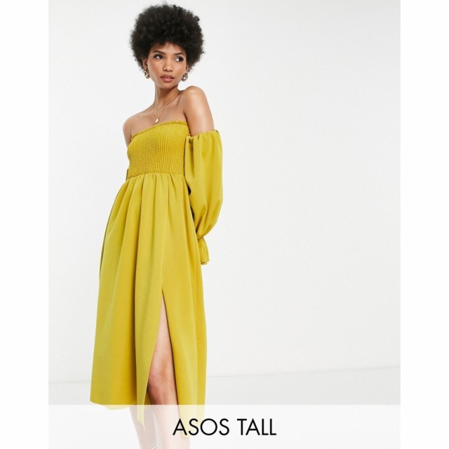 エイソス ASOS Tall レディース パーティードレス ミドル丈 ワンピース・ドレス Tall Shirred Bardot Blouson Sleeve Prom Midi Dress In