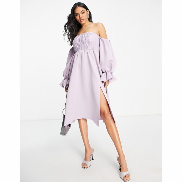 エイソス ASOS DESIGN レディース パーティードレス ミドル丈 ワンピース・ドレス Shirred Bardot Blouson Sleeve Prom Midi Dress In Li