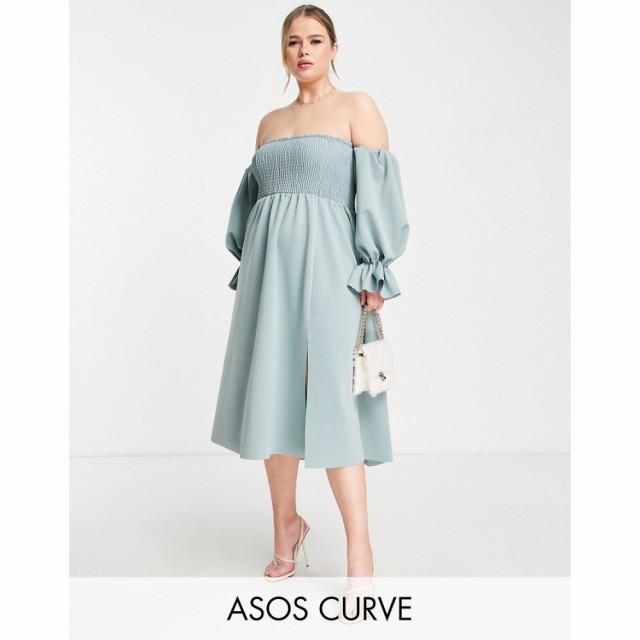 エイソス ASOS Curve レディース パーティードレス ミドル丈 ワンピース・ドレス Curve Shirred Bardot Blouson Sleeve Prom Midi Dress