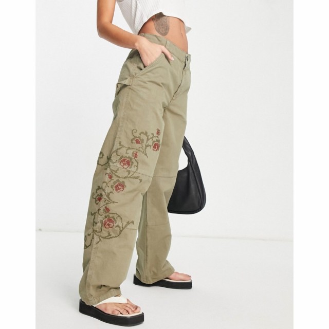 エイソス ASOS DESIGN レディース カーゴパンツ ボトムス・パンツ Embroidered Slouchy Cargo Trousers In Khaki セージ