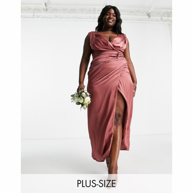 リカリッシュ Liquorish Plus レディース パーティードレス Bridesmaid Satin Wrap Front Maxi Dress With Wrap Skirt In Forever Rose