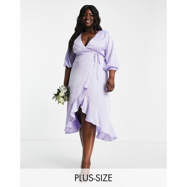 リカリッシュ Liquorish Plus レディース パーティードレス ラップドレス ミドル丈 Bridesmaid Satin Wrap Midi Dress With Puff Sleeve