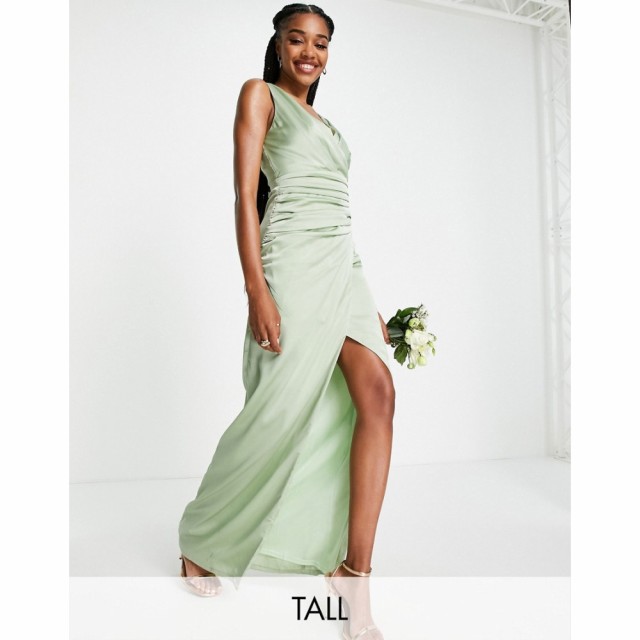 リカリッシュ Liquorish Tall レディース パーティードレス Bridesmaid Satin Wrap Front Maxi Dress With Wrap Skirt In Fresh Sage