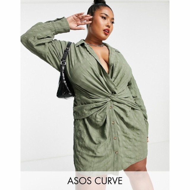 エイソス ASOS Curve レディース ワンピース ミニ丈 シャツワンピース ワンピース・ドレス Curve Knot Front Mini Shirt Dress In Khaki