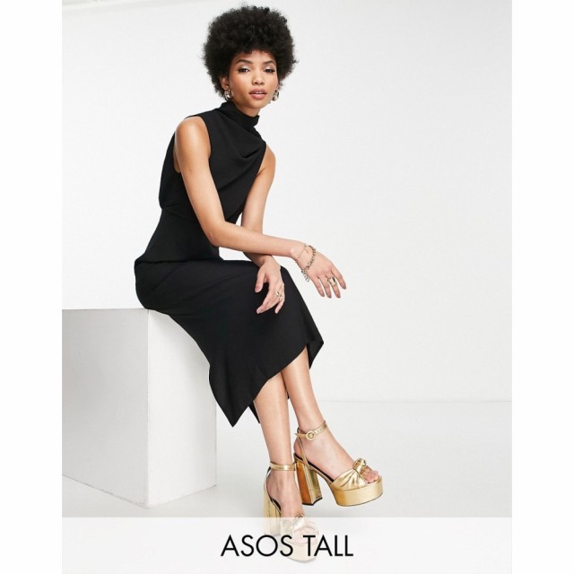 エイソス ASOS DESIGN レディース ワンピース タイト ノースリーブ ミドル丈 Tall Sleeveless Cowl Front Pencil Midi Dress In Black ブ