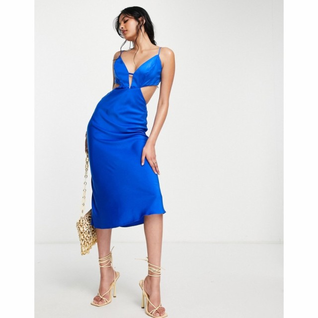 エイソス ASOS DESIGN レディース ワンピース ミドル丈 ワンピース・ドレス Strappy Satin Midi Dress With Open Back In Cobalt コバル