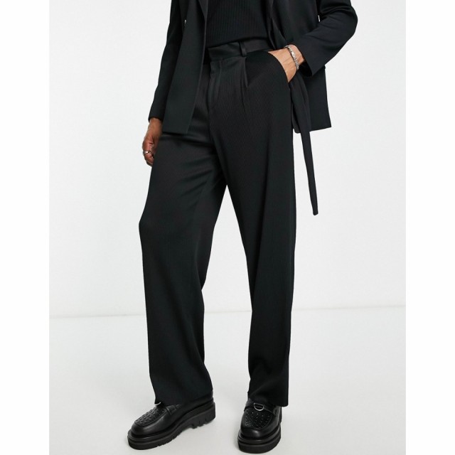 エイソス ASOS DESIGN メンズ スラックス ボトムス・パンツ Wide Leg Suit Trousers In Black Plisse ブラック