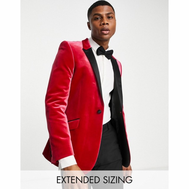 エイソス ASOS DESIGN メンズ スーツ・ジャケット アウター Super Skinny Velvet Blazer With Contrast Lapel In Raspberry Red ラズベリ