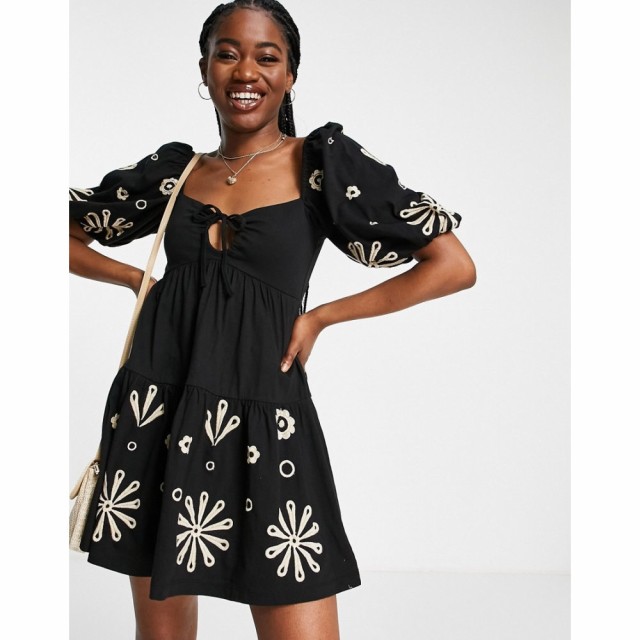 エイソス ASOS DESIGN レディース ワンピース ミニ丈 ワンピース・ドレス Puff Sleeve Mini Dress With Cream Embroidery In Black ブラ