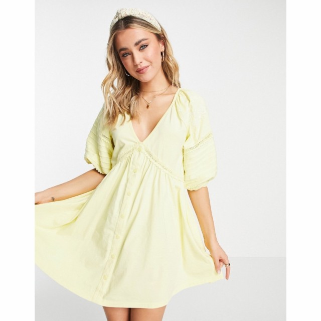 エイソス ASOS DESIGN レディース ワンピース ミニ丈 ワンピース・ドレス Mini Smock Dress With Sleeve Detail And Embroidery In Yello