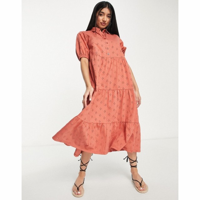 エイソス ASOS DESIGN レディース ワンピース Ａライン ワンピース・ドレス Broderie Midi Tiered Shirt Dress With Short Sleeves In Gi