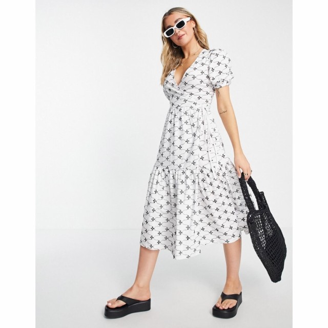 エイソス ASOS DESIGN レディース ワンピース ラップドレス Ａライン Broderie Short Sleeve Tiered Wrap Midi Dress In White And Black