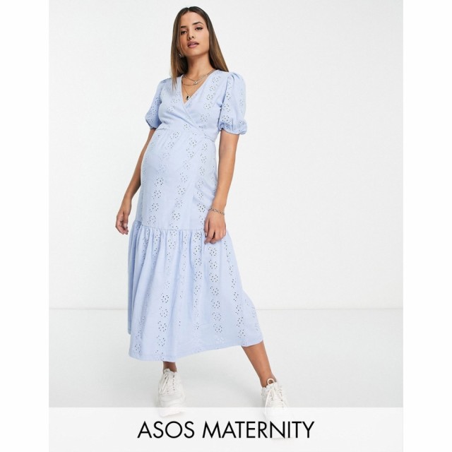 エイソス ASOS Maternity レディース ワンピース Maternity Broderie Short Sleeve Tiered Wrap Midi Dress In Cornflower Blue