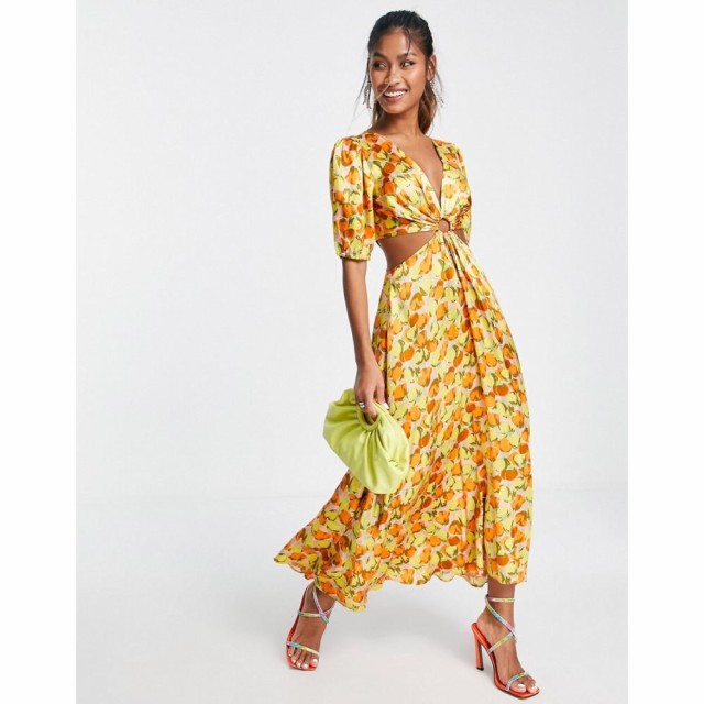 トップショップ Topshop レディース ワンピース ミドル丈 Ring Detail Cut Out Satin Balloon Sleeve Floral Midi Dress In Orange オレ