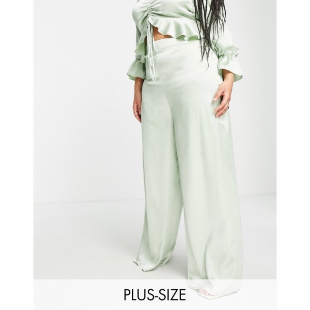 フラウンスロンドン Flounce London Plus レディース ボトムス・パンツ Wide Leg Satin Trousers In Dusty Sage Co-Ord