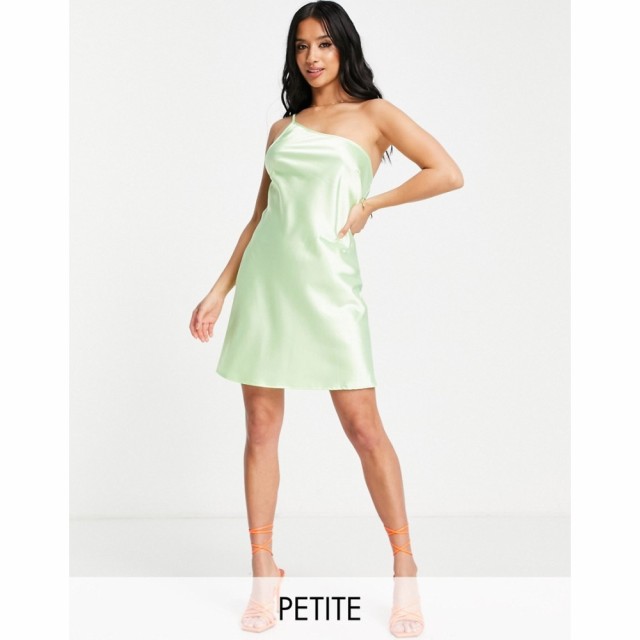 フラウンスロンドン Flounce London Petite レディース ワンピース ワンピース・ドレス One Shoulder Mini Dress In Lime Satin エレクト