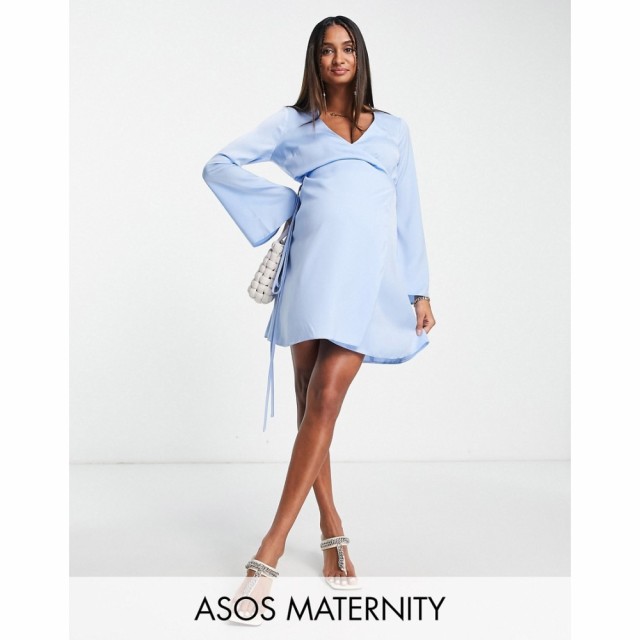 エイソス ASOS Maternity レディース ワンピース マタニティウェア ミニ丈 Maternity Satin Flared Sleeve Mini Dress With Tie Waist ブ