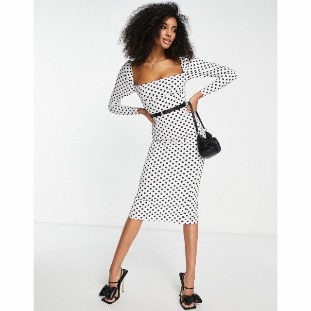 エイソス ASOS DESIGN レディース ワンピース ミドル丈 ワンピース・ドレス Square Neck Midi Dress With Belt In Mono Polka Dot モノス