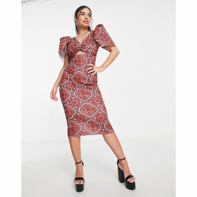 エイソス ASOS DESIGN レディース ワンピース ミドル丈 ワンピース・ドレス Puff Sleeve Twist Front Midi Dress In Geo Print マルチカ