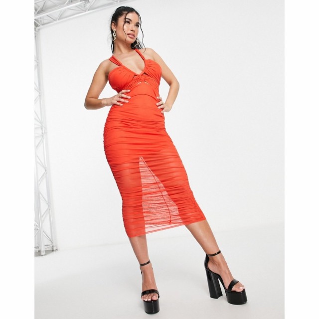 エイソス ASOS DESIGN レディース ワンピース ミドル丈 ワンピース・ドレス Twist Halter Ruched Mesh Midi Dress In Burnt Orange オレ