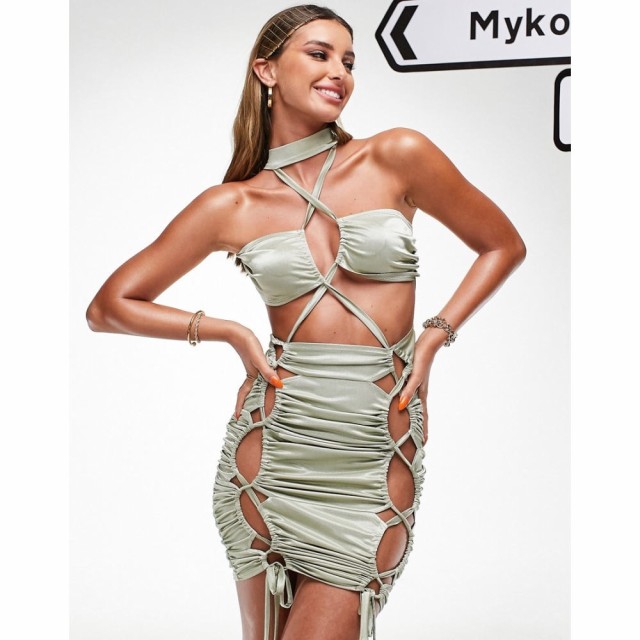 エイソス ASOS DESIGN レディース ワンピース ミニ丈 ワンピース・ドレス Tie Neck Ruched Strappy Mini Dress In Sage Green セージグリ