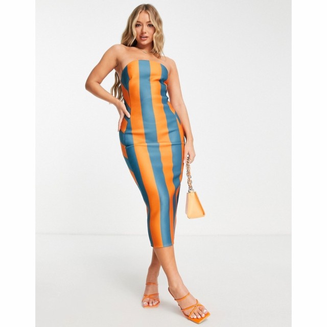 エイソス ASOS DESIGN レディース ワンピース バンドゥ ミドル丈 ワンピース・ドレス Bandeau Contoured Midi Dress In Blue And Orange