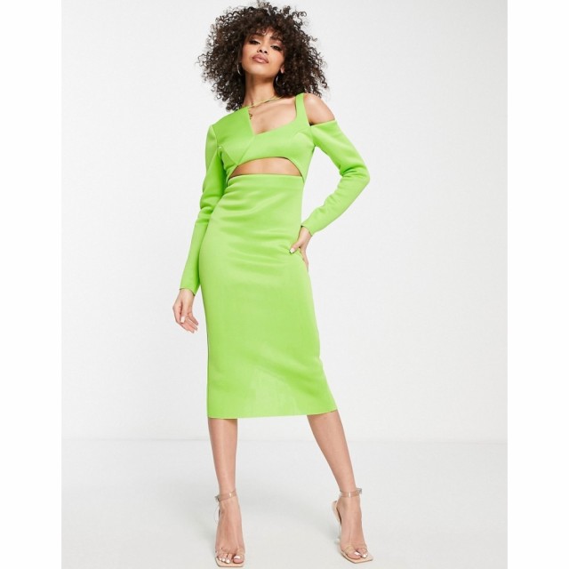 エイソス ASOS DESIGN レディース ワンピース ミドル丈 ワンピース・ドレス Long Sleeve Asymmetric Cut Out Midi Dress In Lime Green