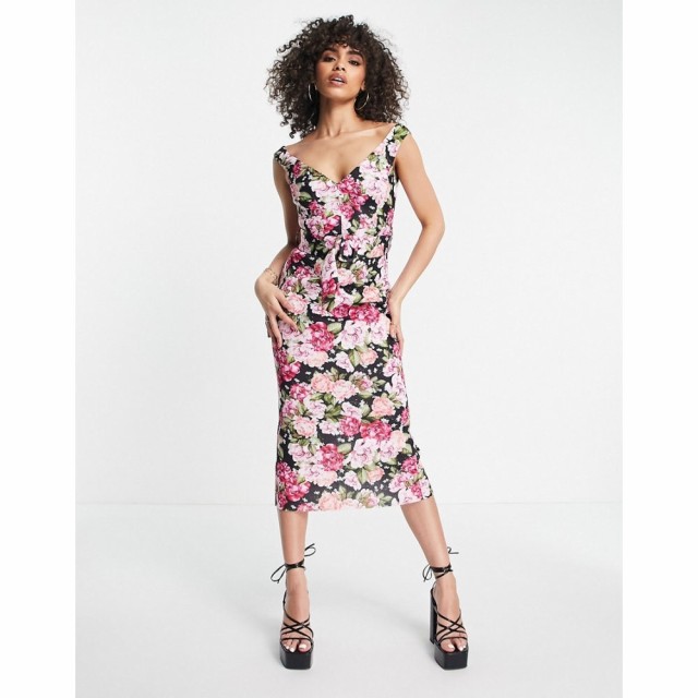 エイソス ASOS DESIGN レディース ワンピース タイト ミドル丈 Sweetheart Belted Midi Pencil Dress In Black Base Pink Floral マルチ