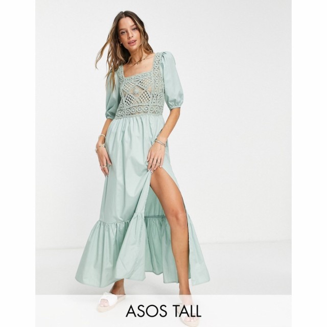 エイソス ASOS Tall レディース ワンピース マキシ丈 ワンピース・ドレス Tall Crochet Insert Cotton Poplin Maxi Dress In Khaki カー