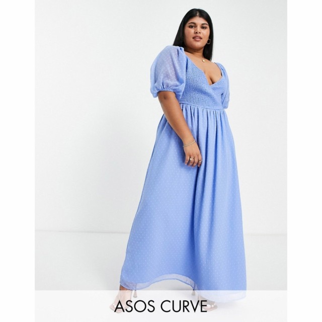 エイソス ASOS Curve レディース ワンピース ラップドレス マキシ丈 ワンピース・ドレス Curve Dobby Shirred Wrap Maxi Dress In Blue