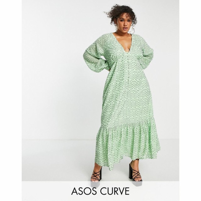 エイソス ASOS Curve レディース ワンピース マキシ丈 ワンピース・ドレス Curve Button Through Metallic Maxi Tea Dress In Green