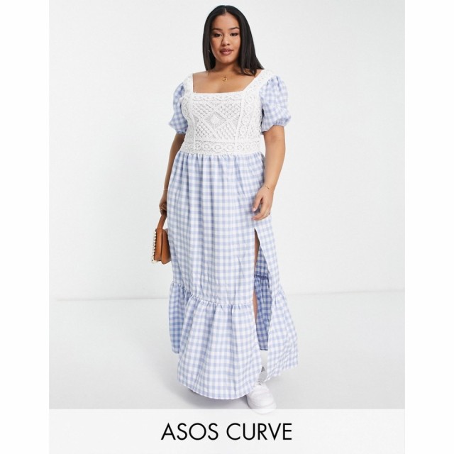 エイソス ASOS Curve レディース ワンピース マキシ丈 ワンピース・ドレス Curve Crochet Insert Cotton Poplin Maxi Dress In Blue Ging