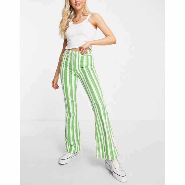 トップショップ Topshop レディース ボトムス・パンツ High Waist Stripe Print Flared Trouser With Front Pockets In Green グリーン