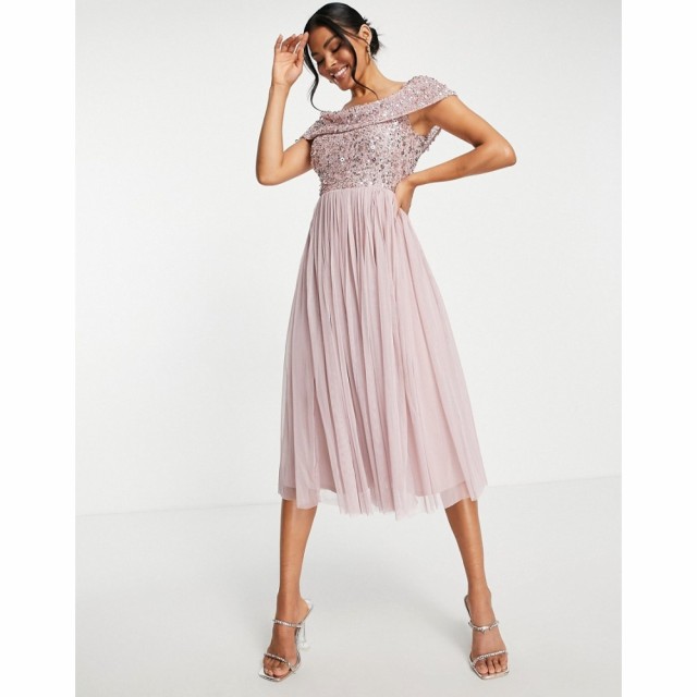 Beauut レディース パーティードレス ミドル丈 ワンピース・ドレス Bridesmaid Bardot Embellished Midi Dress In Frosted Pink ピンク