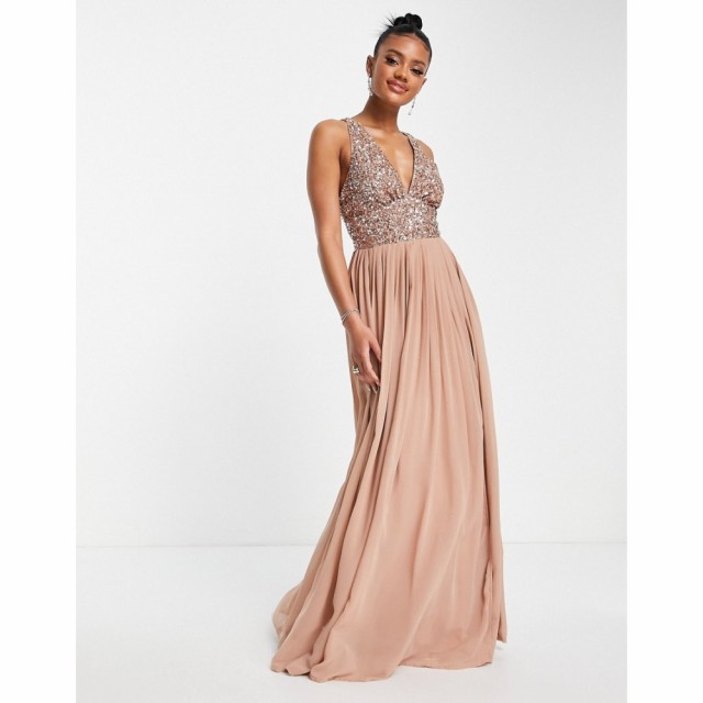 Beauut レディース パーティードレス Vネック マキシ丈 ワンピース・ドレス Bridesmaid Embellished V Neck Maxi Dress In Taupe トープ