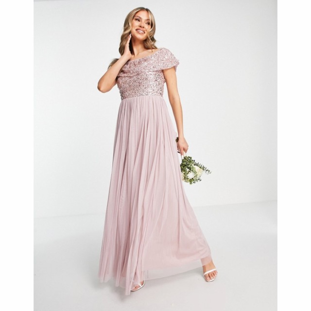 Beauut レディース パーティードレス マキシ丈 ワンピース・ドレス Bridesmaid Bardot Embellished Maxi Dress In Frosted Pink ピンク