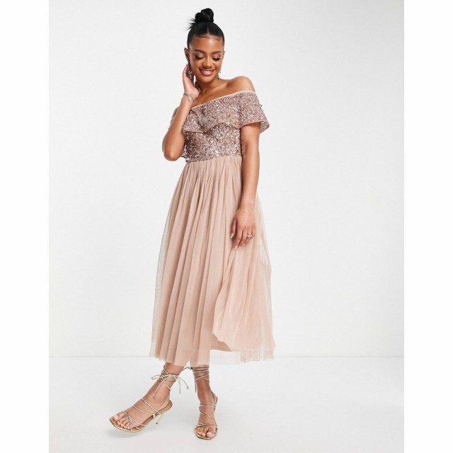 Beauut レディース パーティードレス ミドル丈 ワンピース・ドレス Bridesmaid Bardot Embellished Midi Dress In Taupe トープ