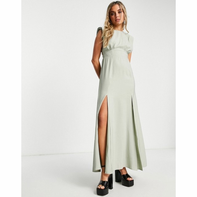 エイソス ASOS DESIGN レディース ワンピース ノースリーブ マキシ丈 Sleeveless Shoulder Pad Linen Maxi Dress With Splits In Sage セ