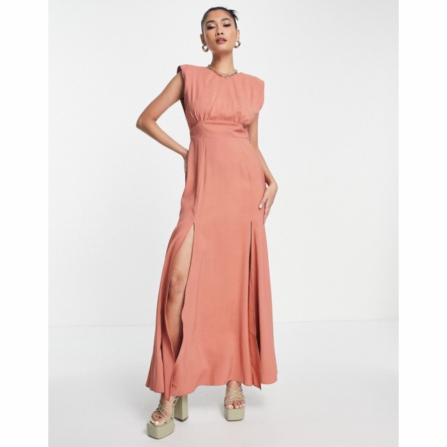 エイソス ASOS DESIGN レディース ワンピース ノースリーブ マキシ丈 Sleeveless Shoulder Pad Linen Maxi Dress With Splits In Terraco