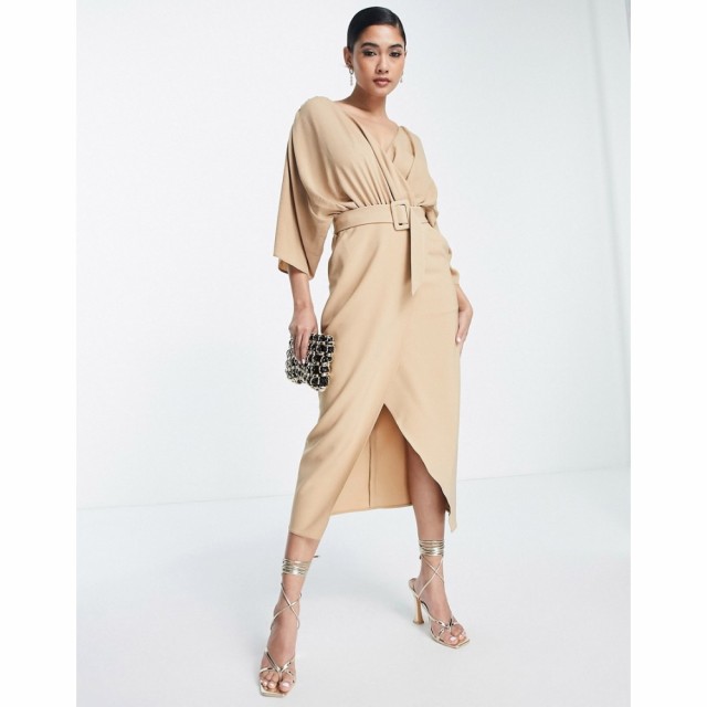 エイソス ASOS DESIGN レディース ワンピース ラップドレス ラップスカート ミドル丈 Mixed Fabric Belted Wrap Skirt Midi Dress In Cam